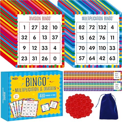 SpriteGru Multiplication & Division Bingo Game, 480 Math Problems, 2 Educational Math Board Game for Kindergarten and Preschool Kids 4-8, Perfect for Classroom & At Home (Up to 25 Players) by SpriteGru