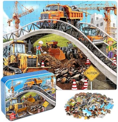 LELEMON Puzzles for Kids Ages 4-6,Construction Site 100 Piece Puzzles for Kids Ages 4-8 in a Metal Box,Educational Jigsaw Puzzles 100 Piece Puzzle Games Puzzle Toys for Girls and Boys by LELEMON
