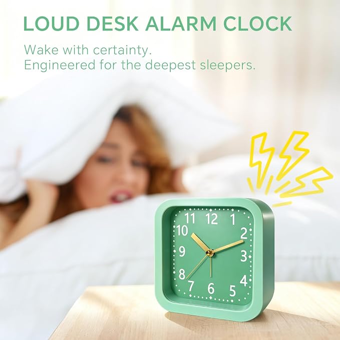 Simple Analog Loud Alarm Clock for Heavy Sleepers, 4.5" Square Plastic Silent Battery Operated Alarm Clocks with Easy Read Dial, Desk Clock for Bedroom Adults Seniors College Students, Green - Image 4