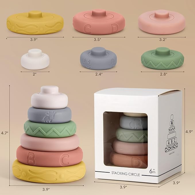 BOBXIN Baby Stacking & Nesting Rings Toy, 6pcs Soft Silicone Circle Building Stacker,Squeeze Play with Letter,Animal and Graphic,Toddler Sensory Learning Montessori Toys for Babies 6 Months+