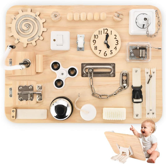 Wooden Busy Board for Toddlers - Montessori Sensory Activity Board for Fine Motor Skills and Early Learning - Travel Toys for Kids - Sensory Toys for autism or ADHD - Ideal for Educational Gifts by Potatomato