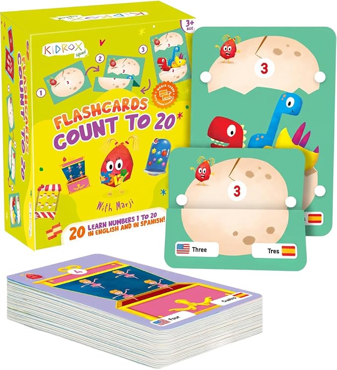 KIDROX Count to 20 Flashcards – Open & Discover Hidden Surprises! Learn Numbers 1–20 in English & Spanish with Marji | 20 Fold-Out Cards | Fun Counting Game for Kids 3+ by Kidrox