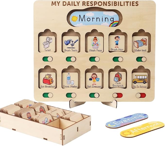 Wooden Chore Chart for Kids Visual Schedule, Routine Chart for Kids, Morning Bedtime Routine Chart for Toddlers Ages 2-4, Daily Kids Schedule Board for Home (02) by TinyKidz