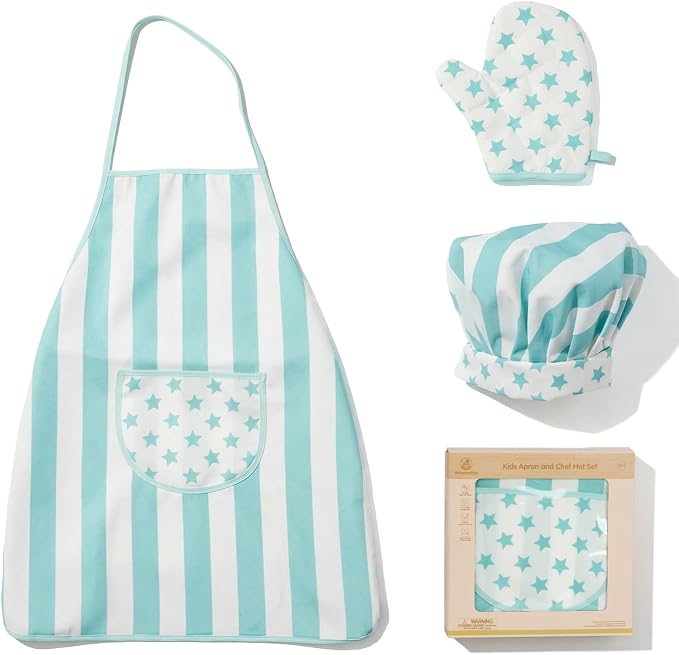 Kid Apron and Chef Hat Set, 3Pcs Children Cooking Baking Set Kits by WoodenEdu