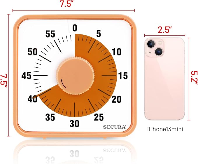 Secura 7.5 Inch Visual Timer, 60 Minute Oversize Countdown Visual Timer for Kids and Adults, Durable Mechanical Time Management Tool (Orange) - Image 7