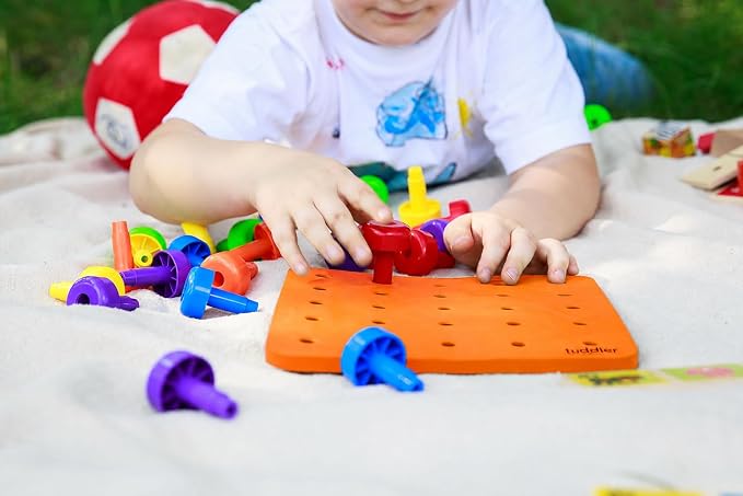 Toddler Peg Board Sensory Montessori Fine Motor Skills Educational Toys - 30 Stackable Pegs + Pattern Card + Drawstring Backpack + E-Book (Orange) - Image 5