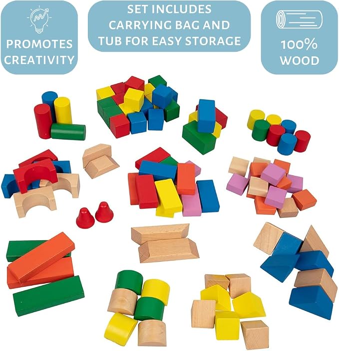 Right Track Toys Wooden Blocks - 100 Pc Wood Building Block Set with Carrying Bag (Rainbow Colored)- 100% Real Wood in 7 Colors and 14 Shapes - Stack, Build and Store- Fun Gift, Back to School Project - Image 3