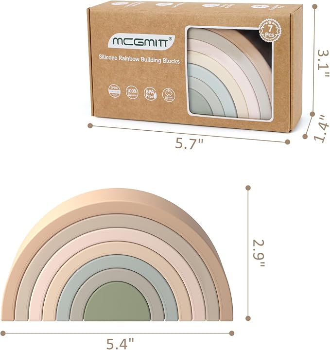 MCGMITT Rainbow Stacking Toy, Silicone Rainbow Stacker for Toddlers, Montessori Nesting Blocks, Building Creative Color Shape Matching Toy Set, 7 Layers (Brown) - Image 7