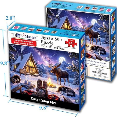 Think2Master Cozy Camp Fire 500 Pieces Large Format Jigsaw Puzzle: 13+, Teens, Adults & Families. Funny, Whimsical, Magical Serene Winter Landscape with Campfire. Great Gift. Size: 26.8” X 18.9” - Image 4