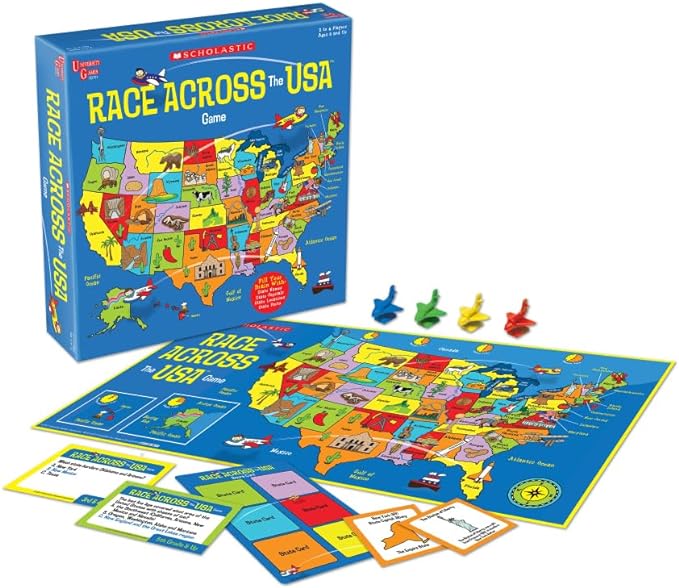 University Games, Scholastic Race Across the USA Board Game , Geography Learning Game for Kids and Families, for 2 to 4 Players Ages 8 and Up by UniversityGames