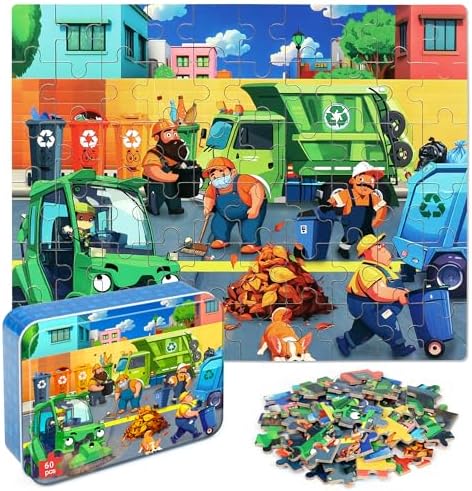 LELEMON Ocean Puzzles for Kids Ages 4-6,Recycling Garbage Truck 60 Piece Puzzles for Kids Ages 4-8,Children Jigsaw Puzzles in a Metal Box,Educational Learning Puzzle Toys for Girls and Boys by LELEMON