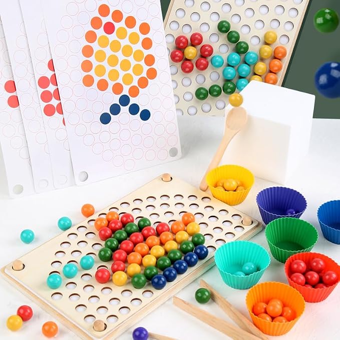 Practical Life Skill Sponging Chopsticks Tonging Job/Work, Wooden Pegboard Beads Color Matching Game Toy, Rainbow Toy Montessori Primary Classroom, Boys and Girls Gift 3 Years & up - Image 6