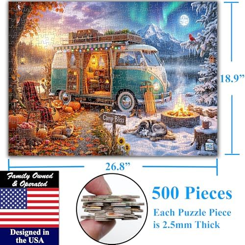 Think2Master Enchanted Camper 500 Pieces Large Format Jigsaw Puzzle: 13+, Teens, Adults & Families. Magically captures Autumn, Winter, Vintage Camper Van, Lake, Aurora & Mountains Size: 26.8” X 18.9” - Image 6