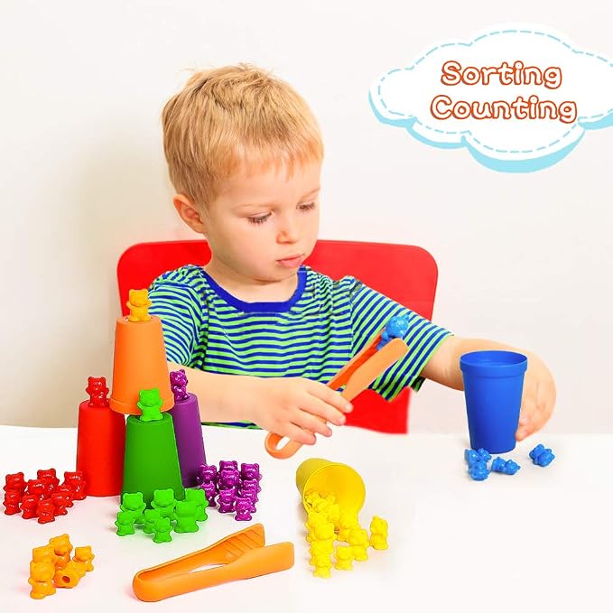 Bmag Counting Bears with Matching Sorting Cups,Number Color Recognition STEM Educational Toy for Toddler, Pre-School Learning Toy with 90 Bears,2 Tweezers,11 Activity Cards,1 Storage Box - Image 4