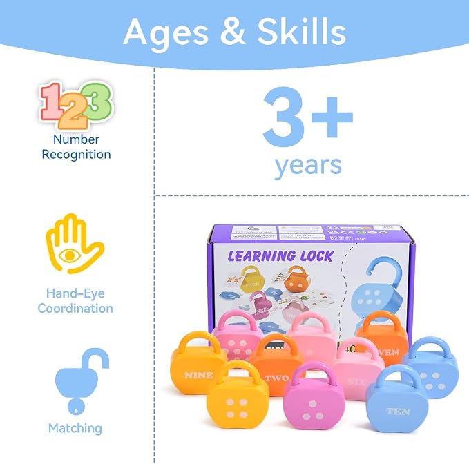 GEERAY Montessori Lock and Key Toys, 10 Apple Locks with Keys & 20 Cards, Numbers Matching & Counting Cause and Effect Toy, Fine Motor Skills Educational Preschool Gifts for Toddlers 3-5 Boys Girls - Image 6