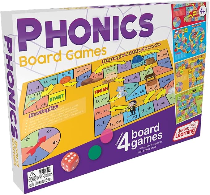 Junior Learning Phonics Board Games Set, 6 Counters, Ages 4-5, Language Skills, Pre K-K, Medium by JuniorLearning