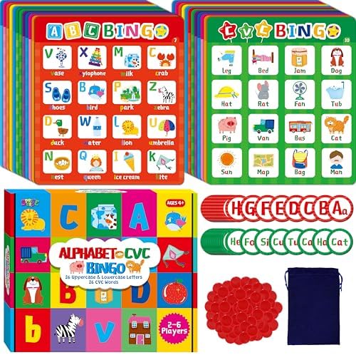 SpriteGru Alphabet & CVC Bingo Game, 12 Bingo Board ABC Letters, CVC Words Phonetic Game, Letters Phonetic Awareness Early Educational Learning Toys - Ages 4 and up, Perfect for Classroom & At Home by SpriteGru