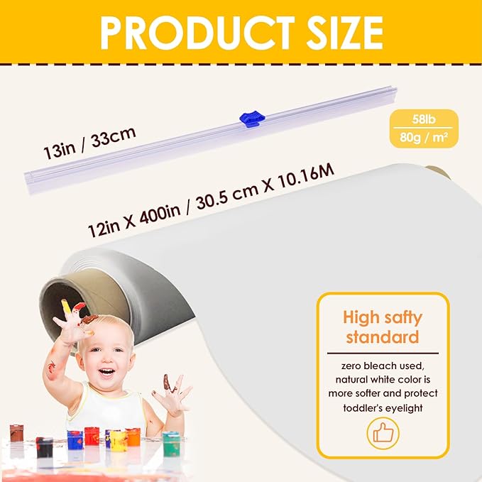 Funto Finger Paint Paper Roll, 12"x400", Size-Free,White, Large Paint Sheet for Toddlers, Art Pad for Kids, Paper for Painting, Easy to Cut