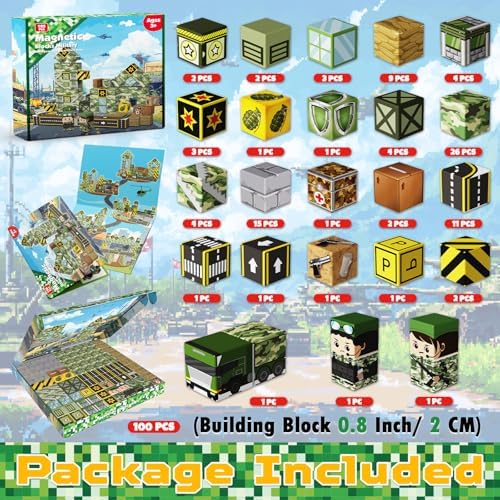 100PCS Magnetic Blocks - STEM Magnetic Building Blocks for Kids Military Construction Cube Toys Games, Educational Sensory Stacking Magnets Cube Toys for Kids Birthday Gifts Boys & Girls - Image 2