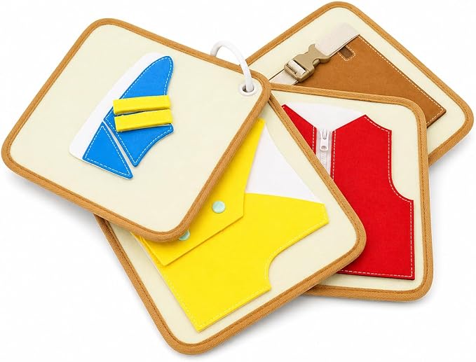 Felt Activity Board Set – Dressing Skills 4 Pieces Montessori-Inspired Ages 3+ | Snap Vest, Zipper Vest, Buckled Shorts & Hook and Loop Shoe | Fine Motor Practical Life Toy with Ring for Preschoolers by Kiddison