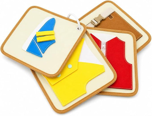 Felt Activity Board Set – Dressing Skills 4 Pieces Montessori-Inspired Ages 3+ | Snap Vest, Zipper Vest, Buckled Shorts & Hook and Loop Shoe | Fine Motor Practical Life Toy with Ring for Preschoolers by Kiddison