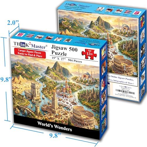 Think2Master World's Wonders 500 Pieces Large Format Jigsaw Puzzle: 13+, Teens, Adults & Families. Global Adventure to World’s Most Iconic Landmarks in an Imaginative Landscape. Size: 26.8” X 18.9” - Image 4