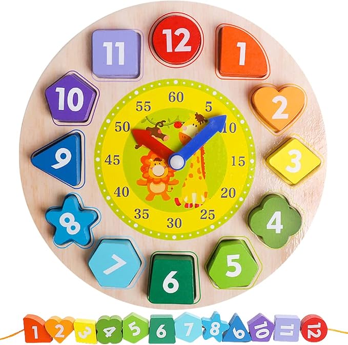 Wooden Sorting Clock Toy for Kids 3-5 Years Old, Montessori Shape Color & Animal Puzzle, Educational Learning Gift for Teaching Time, Numbers, and Fine Motor Skills by Skrtuan