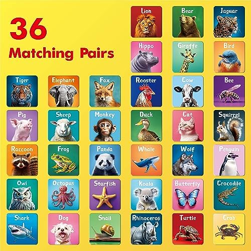 Hebayy 72 PCS Memory Matching Game, Real Animal Matching Cards for Toddlers 36 Pairs Memory Cards for Preschool 4 5 6 Years Old - Image 2