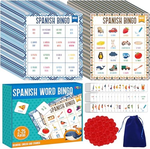 SpriteGru Spanish Bingo Game, 25 Bingo Board Spanish & English Vocabulary Word Game Bilingual Educational Toys for Language Learning - Ages 5 and up (Up to 25 Players) by SpriteGru