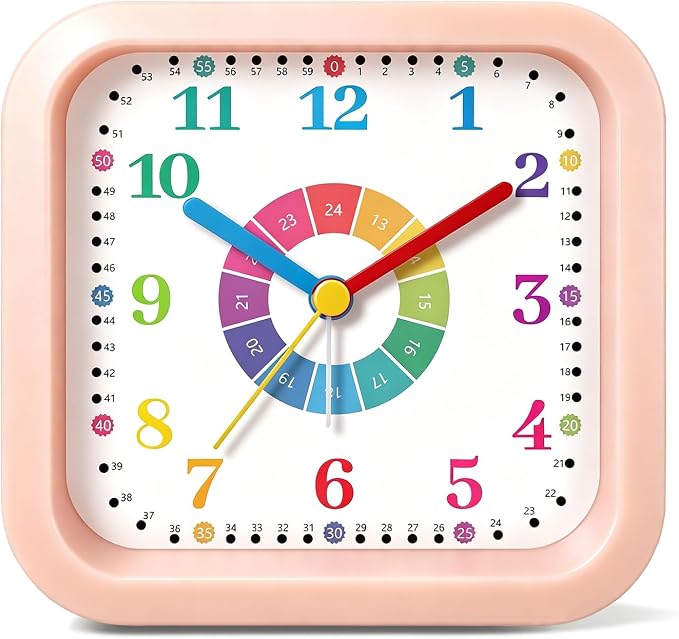 Modern Silent Learning Alarm Clock for Kids, 4.5" Loud Battery Operated Alarm Clock for Heavy Sleepers with Unique Dial & Numbers, Plastic Desk Clock for Kids Bedroom Classroom Dorms, Pink by Noubnea