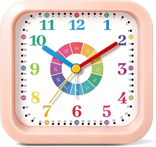 Modern Silent Learning Alarm Clock for Kids, 4.5" Loud Battery Operated Alarm Clock for Heavy Sleepers with Unique Dial & Numbers, Plastic Desk Clock for Kids Bedroom Classroom Dorms, Pink by Noubnea