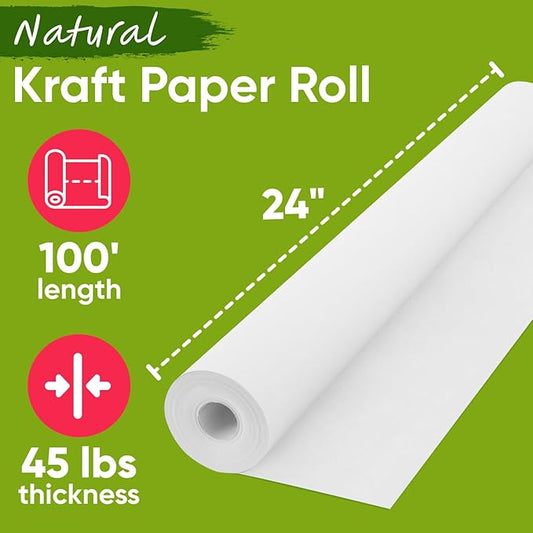 USA Made 24" x 1200" White Kraft Paper Roll, 45 lbs Thickness, American Quality Colored Kraft Paper for School, Bulletin Board - Odorless, Non-Toxic, Safe for Kids