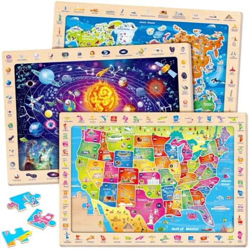 SYNARRY Large USA World Solar System Wooden Puzzles for Kids Ages 4-6 by SYNARRY