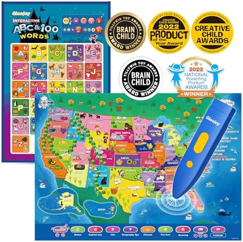 Bilingual Interactive for Kids Talking USA Map Alphabet Poster for Toddlers Learning and Educational Toys,Talking Educational Chart for Ages 3 to 12 Years Old,Learning ABC Letters for Preschool/Gift by Qiaojoy