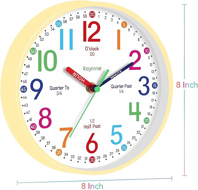 Roymnie Wall Clock 8" for Kids Learning Battery Operated Teaching Silent - Image 8