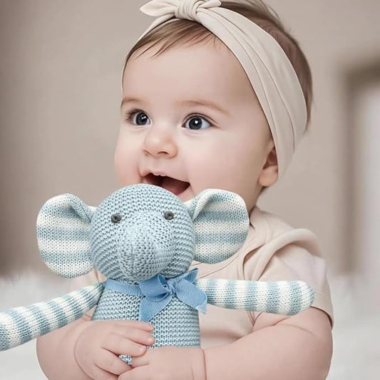 100% Organic Cotton Baby Elephant Stuffed Animal 7.1" | Blue Soft Toy for Newborn
