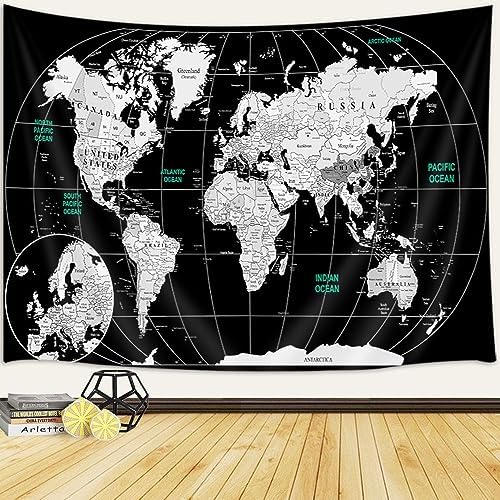 World Map Wall Tapestry for Kids, Educational with Countries, Cities, Topography - Asia, Europe, America, Africa, Japan - 60x40 Inch (Black) - Image 3