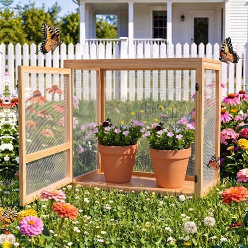 Bucherry Wooden Butterfly Habitat Cage Kit Monarch Caterpillar Enclosure with Mesh Tent & Wood Frame, Detachable Insect Observation House for Kids Outdoor Garden (20") by Bucherry