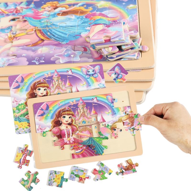 Wooden Puzzles Toys for Kids Ages 3-5, Set of 4 Packs with 24-Piece Unicorn Mermaid Princess Wood Jigsaw Puzzles, Preschool Educational Brain Teaser Toys for Girls 3 4 5 6 Years Old. - Image 3