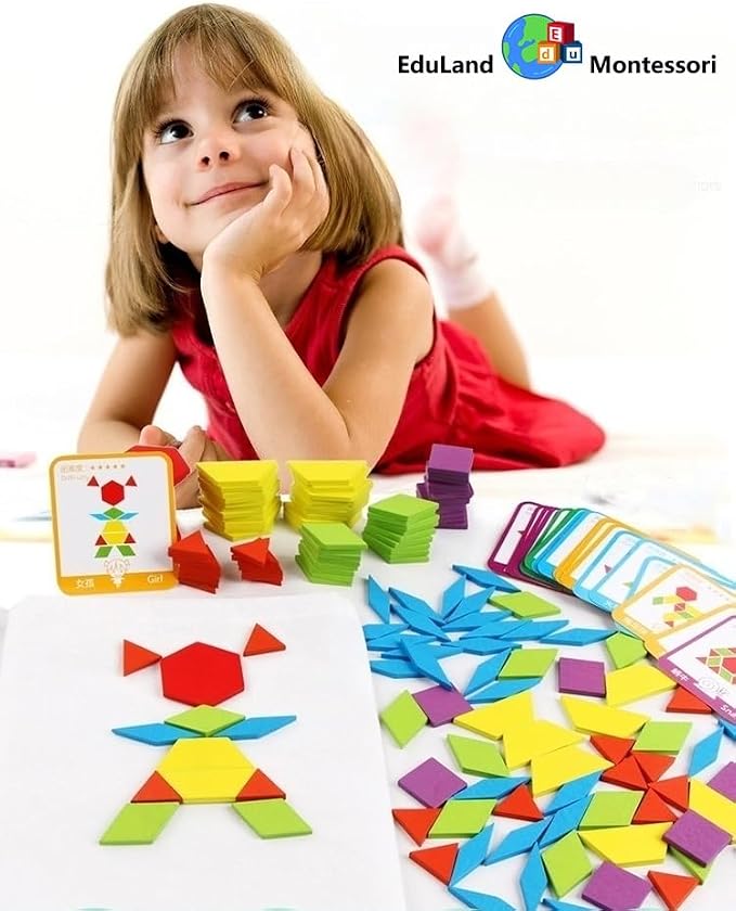 Math/Sensorial - Shapes Construction Set 155 Pcs Wooden Pattern Blocks Geometric Shape Puzzle Classic Educational Montessori Tangram Shapes Toys for Kids Ages 3-8 with 24 Pcs Cards - Image 2