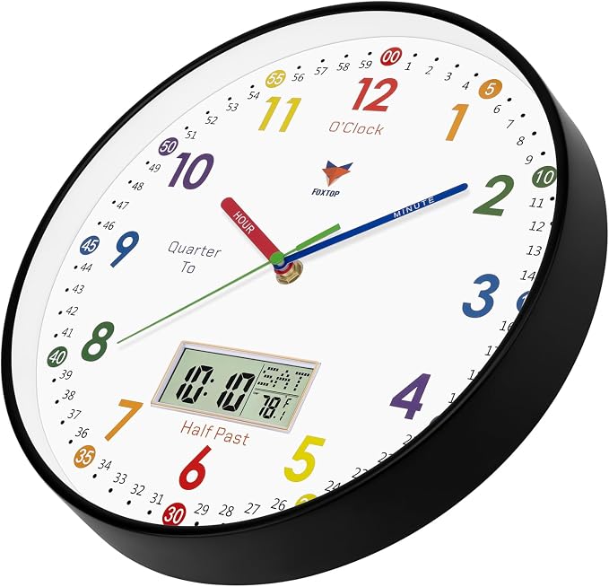 Foxtop Digital and Analog Learning Clock for Kids - Telling Time Teaching Clock 12 Inch Silent Non-Ticking Battery Operated Kids Wall Clock for Kids Room Playroom Nursery Classroom School (Black) - Image 6