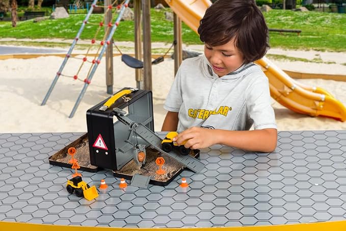 CAT Construction Toys, Store N Go Playset - Tin Travel Case Transforms into Multi-Level Worksite, Includes 2 Little Machines Vehicles & 10 + Accessories, Portable STEM Toy for Kids Ages 3 + - Image 2