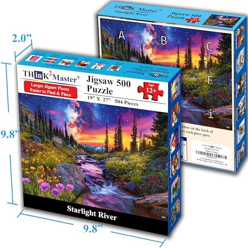 Think2Master Starry Mountain River 500 Pieces Large Format Jigsaw Puzzle: 13+, Teens, Adults & Families.Vibrant Starry Night & Milkyway Landscape with Flowers. Great Gift. Size: 26.8” X 18.9” - Image 5