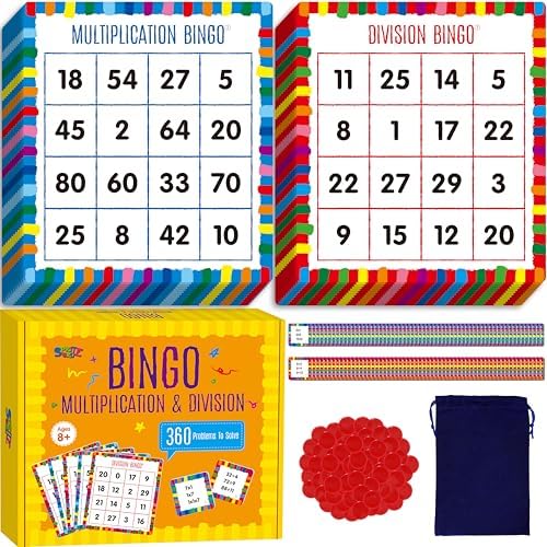 SpriteGru Multiplication & Division Bingo Game, 360 Math Problems, 2 Educational Math Board Game for Kindergarten and Preschool Kids, Perfect for Classroom & At Home by SpriteGru