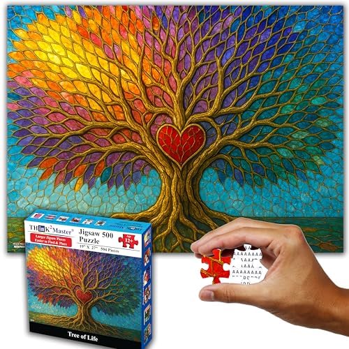 Think2Master Colorful Vibrant Stained Glass Style Artwork Tree of Life 500 Pieces Very Large Pieces Jigsaw Puzzle: 13+, Adults & Seniors. Great Gift. Size: 26.8” X 18.9” by Think2Master