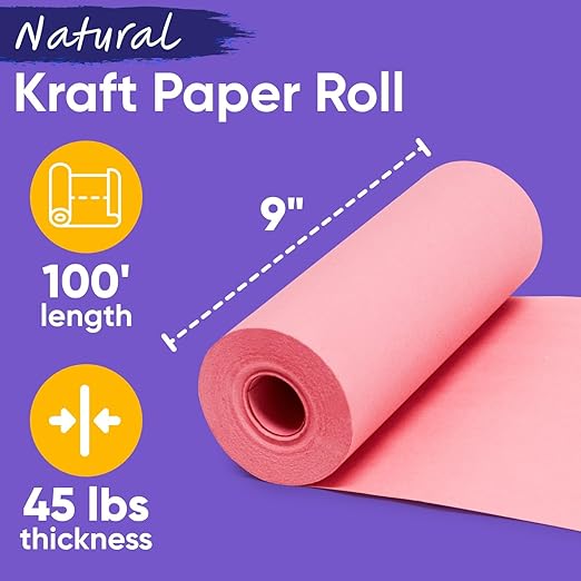9" x 1200" USA-Made Pink Kraft Paper Roll, 45 Lbs/66 GSM Thickness, American Quality Colored Roll Paper for School, Bulletin Board, Crafts - Odorless, Non-Toxic, Safe for Kids