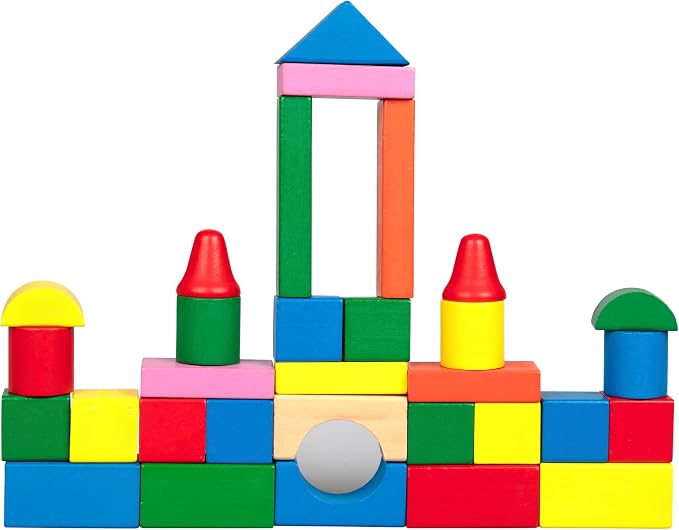 Right Track Toys Wooden Blocks - 100 Pc Wood Building Block Set with Carrying Bag (Rainbow Colored)- 100% Real Wood in 7 Colors and 14 Shapes - Stack, Build and Store- Fun Gift, Back to School Project - Image 4
