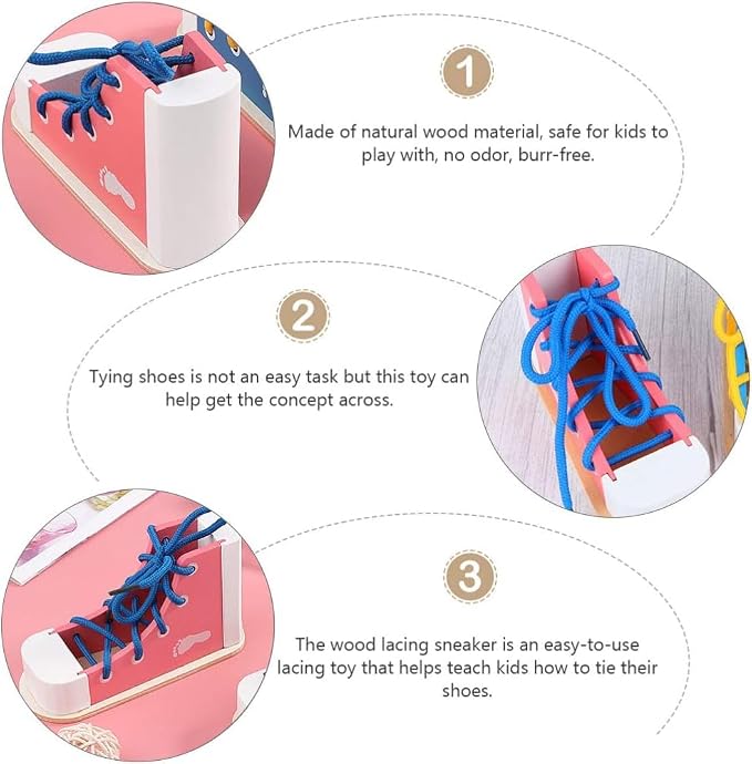 NUOBESTY Shoe Tie Practice for Kids Learn to Tie Shoes Wooden Lacing Toy Shoelaces Tying Teaching Prop Montessori Early Education Toy Pink - Image 3