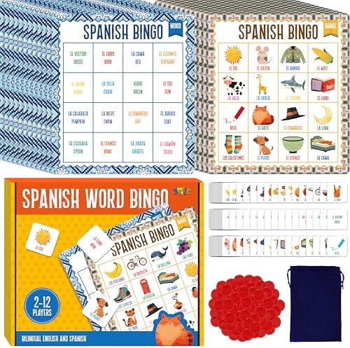 SpriteGru Spanish Bingo Game, 12 Vocabulary Bingo Board Game Bilingual Word Learning Educational Toys for Words Learning - Ages 5 and up (Up to 12 Players) by SpriteGru