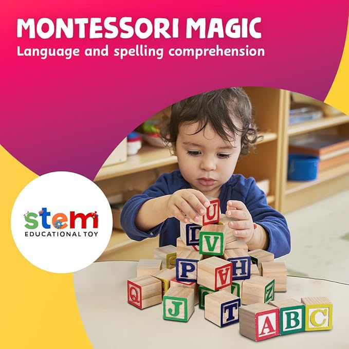 Skoolzy Wooden ABC Blocks - 120 Pc Stacking Set for Toddlers Ages 2+